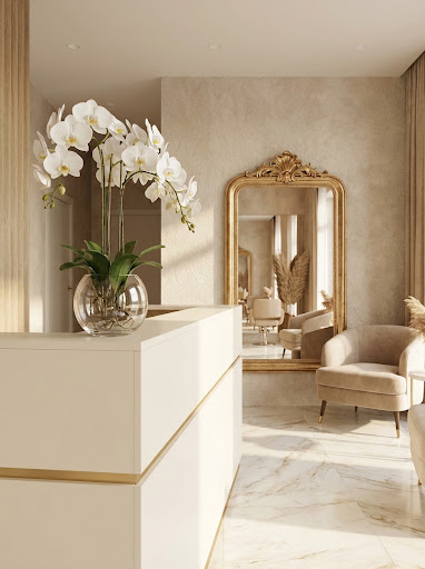Only Beauty resepsiyon — orkide ve altın ayna