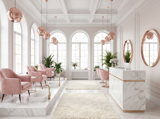 Pudra pembe koltuklu salon iç mekânı
